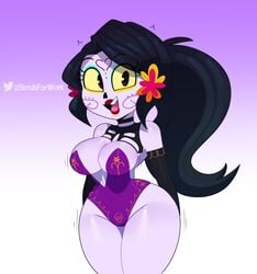 1girls arm_gloves black_hair bodypaint bouncy breasts catalina_la_catrina cleavage dia_de_los_muertos facial_markings female flower_in_hair hair_flower leotard long_hair looking_at_viewer ponytail purple_eyes purple_skin smiling_at_viewer somescrub wide_hips yellow_sclera