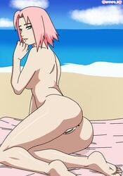 1girls anus ass beach breasts completely_nude darkuro_27 feet female female_only green_eyes looking_at_viewer naked naruto naruto_(series) naruto_shippuden nude ocean pink_hair posing sakura_haruno sand soles solo toes water