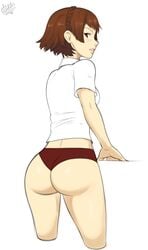 1girls ass brown_hair buttholemagick facing_away makoto_niijima megami_tensei no_pants panties persona persona_5 red_eyes