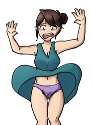 arms_up brown_eyes brown_hair clothed dress dress_lift embarrassed exposed female jaiden jaiden_animations jaidenanimations lifted_shirt looking_at_viewer panties pink_panties shocked shocked_expression short_hair solo somebodyendme18 wet_pussy white_background youtube