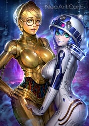 2girls android artist_name c-3po cute droid gynoid looking_at_viewer neoartcore r2-d2 robot robot_girl robot_humanoid robot_joints smile star_wars technology