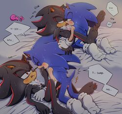 anthro anus ass balls barefoot bed bodily_fluids clothing cum cum_on_chest duo eulipotyphlan finger_fetish finger_in_mouth finger_play fingers footwear furniture genital_fluids genitals hedgehog hi_res magmarift male male/male mammal nipples nude penis shadow_the_hedgehog socks sonadow sonic_(series) sonic_the_hedgehog sonic_the_hedgehog_(series) speech_bubble sweat