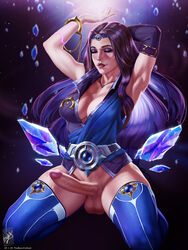 1futa armpits arms_up balls bottomless breasts brown_hair cleavage closed_eyes clothed clothing crystal curvy erect_penis erection futa_only futa_sans_pussy futanari half_dressed large_breasts large_penis league_of_legends long_hair long_penis magic makeup necklace on_knees penis precum precum_drip rule_63 shirt solo taric themaestronoob thick_thighs thighhighs toned_futa veiny_penis