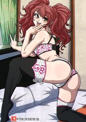 1girls amber_eyes ass black_legwear blush bra cameltoe female female_only hand_on_chin happy heart-shaped_pupils highres kinkymation kneeling kujikawa_rise legwear lingerie long_hair looking_back panties peace_sign persona persona_4 red_hair side_view smile solo solo_female thighhighs tiptoes twintails