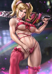 1girls alternate_version_available blonde blonde_hair blue_eyes bow breasts chainsaw cleavage dandon_fuga female female_only heart juliet_starling large_breasts lingerie lollipop_chainsaw midriff muscular_thighs navel panties pink_lingerie pink_stockings ribbon small_panties smile solo stockings suda_51 thick_thighs thighhighs thong toned toned_female twintails underboob