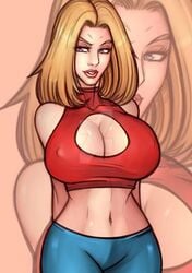 1girls alternate_breast_size alternate_hair_length arms_behind_back blonde_hair blue_eyes blue_mary breasts cleavage cleavage_cutout clothed female female_only king_of_fighters large_breasts lipstick long_hair looking_away mascara midriff midriff_baring_shirt navel ngtvisualstudio nipples_visible_through_clothing sleeveless smile solo tight_clothing watermark