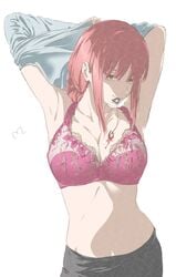 armpits arms_up bra chainsaw_man female large_breasts looking_at_viewer makima_(chainsaw_man) mitsugu pink_bra red_hair removing_shirt ringed_eyes solo underwear undressing yellow_eyes