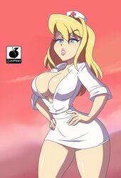 1girl 1girls absurd_res absurdres animaniacs bedroom_eyes bimbo blonde blonde_hair blue_eyes breasts busty cleavage eyelashes eyeshadow female female_only hands_on_hips hello_nurse heloise_nerz highres large_breasts linkartoon lipstick long_hair makeup nurse nurse_cap nurse_uniform simple_background solo thick_thighs thunder_thighs voluptuous white_clothing