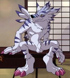 anthro canid canine digimon digimon_(species) ear_piercing ear_ring genitals hand_on_object inside male male_only mammal nude otakujackal penis piercing scar smile solo teeth_showing thegreatmatsutzu weregarurumon yellow_eyes