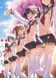 5boys androgynous balls_in_panties black_hair blue_eyes blush bra brown_eyes brown_hair condom condom_on_penis erection femboy girly gold_bikini golden_bikini heart_hands looking_at_viewer male male_only micro_bikini microskirt nemunemu_(candy_paddle) otoko_no_ko otoko_no_ko_heaven otokonoko outdoors panty_bulge penis red_hair school_uniform serafuku short_hair silver_hair skirt slutty_outfit standing thighhighs trap twintails whale_tail white_socks white_thighhighs wink yellow_eyes