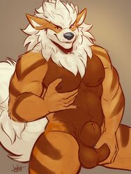 3:4 5_fingers animal_genitalia anthro anthrofied arcanine balls brown_background brown_balls brown_body brown_fur canid canine fingers fur genitals hi_res holding_balls jaykat looking_at_viewer male male_only mammal muscular muscular_anthro muscular_male nintendo nipples nude orange_body orange_fur pecs pokémorph pokemon pokemon_(species) red_eyes sheath simple_background solo video_games