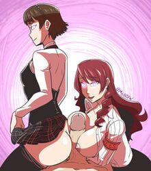 1boy 2girls artist_name ass atlus bottomless breasts breasts_out brown_hair buttjob femsub glowing_eyes happy_sex happy_trance hypnosis hypnotic_eyes large_ass large_breasts long_hair looking_at_viewer looking_back majikura majinsfw makoto_niijima male_pov mind_control mitsuru_kirijo nipples open_clothes paizuri pantyhose_down persona persona_3 persona_5 pov red_hair school_uniform short_hair simple_background skirt skirt_lift