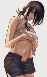 bangs bare_shoulders black_hair blush chainsaw_man choker female green_eyes medium_breasts navel panties panty_peek reze_(chainsaw_man) shirt_lift shorts sleeveless solo unbuttoned underboob underwear