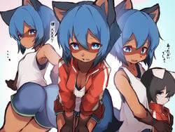 1boy 3girls animal_ears anthro big_ass blue_eyes blue_hair blush brand_new_animal breasts brown_fur canine claws cleavage clothing cute cute_fang female fluffy fluffy_tail fur furry happy heart japanese_text looking_at_viewer looking_back mammal michiru_kagemori nipples open_mouth raccoon_dog smaller_male studio_trigger sweat tab_head tail tanuki teeth tongue