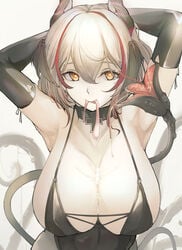 absurdres alternate_costume armpits arms_behind_head arms_up azur_lane bangs black_choker black_legwear black_leotard breasts brown_eyes choker cleavage closed_mouth condom condom_in_mouth cross cross_necklace cum cum_on_body cum_on_breasts demon_girl demon_tail drooling elbow_gloves female garter_straps gloves hair_between_eyes halloween_costume head_wings heart heart-shaped_pupils highres horns jewelry large_breasts leotard mouth_hold necklace roon_(azur_lane) saliva silver_hair smile succubus symbol-shaped_pupils tail thighhighs used_condom yellow_eyes yusha_(m-gata)