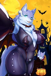 anthro breasts canid canine female fur furry genitals halloween highres holidays looking_at_viewer mammal mother mother_and_child mother_and_son parent_and_child pussy smile son translucent translucent_clothing treyer tuft