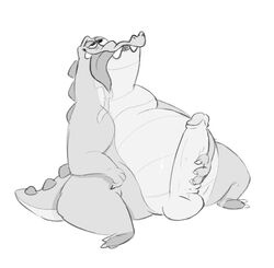 alligator alligatorid anthro balls black_and_grey bodily_fluids crocodilian drooling erection fan_character genitals glorper half-closed_eyes hand_on_leg hand_on_thigh hi_res looking_pleasured looking_up male male_only monochrome narrowed_eyes penis pleasured reptile saliva scalie sitting sketch slightly_chubby smile snout solo spines spread_legs spreading