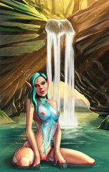 breasts degeneron elf female forest looking_at_viewer nude pinup pointy_ears solo url water waterbending waterfall