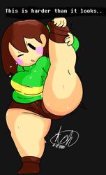 1girls 2d big_ass blush breasts brown_hair brown_shoes brown_shorts chara chara_(mochikirb_style) chubby english_text female female_only human human_female human_only isometric leg_lift mob_face mochikirb shorts shortstack solo stretching tagme talking text thick_thighs undertale undertale_(series)