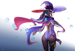 1girls armwear ass black_hair breasts cape female genshin_impact green_eyes kimo_artist looking_back mona_(genshin_impact) pinup sideboob solo twintails white_skin wizard wizard_hat