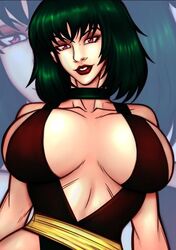 1girls bangs breasts choker cleavage demon demon_girl female female_only green_hair inuyasha large_breasts lipstick looking_at_viewer mascara ngtvisualstudio pink_eyes revealing_clothes smile solo yura_of_the_hair