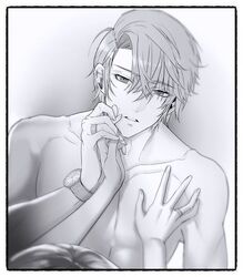 ambiguous_penetration hair_over_one_eye hand_holding hand_on_chest main_character_(mystic_messenger) male_focus married_couple mystic_messenger ppinkbox_(artist) rings shirtless straight upper_body v_(mystic_messenger) watch