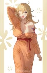 1girls arm_tattoo arm_up blonde_female blonde_hair blush breast_tattoo breasts busty clothing curvy curvy_female curvy_figure cute earrings female female_only genshin_impact hi_res hips japanese_clothes kimono large_breasts light-skinned_female light_skin looking_at_viewer nhaliz no_bra one_eye_closed open_mouth orange_eyes orange_hair orange_kimono robe seductive sleepy solo solo_female tattoo watermark wavy_mouth wide_hips yawn yoimiya_(genshin_impact)