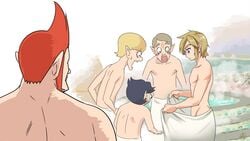 2020 5boys back blonde_hair blue_hair brown_hair bulging_eyes cawlin earrings flashing fledge groose holding_towel hylian link long_ears looking_at_penis looking_down male male_only monbetsu_kuniharu multiple_boys nintendo nude onsen open_mouth outdoors penis_awe pointy_ears pompadour red_hair short_hair signature size_difference skyward_sword smaller_male steam stritch surprised sweat sweatdrop teeth the_legend_of_zelda thick_eyebrows tongue towel water watermark