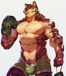 abs anthro biceps big_muscles boxing_gloves bulge erection felid furry handwear kourney male male_only mammal muscular muscular_anthro muscular_male pantherine simple_background smile solo tiger