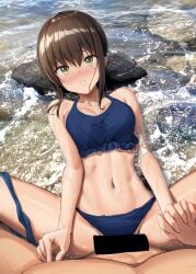 1boy 1girls bar_censor belly_button big_breasts blush breasts brown_hair censored eyebrows_visible_through_hair fubuki_(kantai_collection) green_eyes highres ichikawa_feesu kantai_collection light-skinned_female light-skinned_male light_skin nose_blush sex tagme water