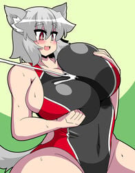 akasode_(tyaramu) animal_humanoid between_breasts big_breasts biped black_clothing black_swimwear blush bodily_fluids breasts canid canid_humanoid canine canine_humanoid clothed clothed_sex clothing cum cumshot curvy_figure disembodied_penis duo ejaculation female female_focus genital_fluids genitals glistening glistening_hair grey_hair hair huge_breasts humanoid humanoid_focus humanoid_hands inner_ear_fluff light_skin male mammal mammal_humanoid momiji_inubashiri monotone_hair one-piece_swimsuit open_mouth open_smile orgasm paizuri penis red_clothing red_eyes red_swimwear sex short_hair simple_background sitting smile solo_focus straight sweat swimwear titjob touhou tuft video_games voluptuous wide_hips wolf_humanoid