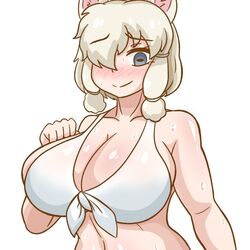 1girls alpaca alpaca_suri_(kemono_friends) animal_ears big_breasts blue_eyes blush blushing breasts cleavage eyebrows_visible_through_hair female female_only fluffy_hair hair_over_one_eye kemono_friends large_breasts latina light-skinned_female light_skin peruvian_female sangchussam short_hair simple_background solo sweat sweaty tagme white_background