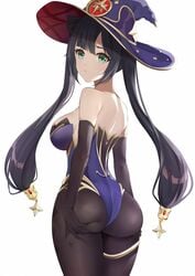 1girls anonymous_artist armwear ass ass_support black_hair female genshin_impact green_eyes hands_on_ass looking_at_viewer looking_back mona_(genshin_impact) side_view sideboob solo thick_thighs twintails white_background white_skin wizard wizard_hat