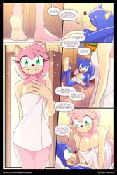 1boy 1girls amy_rose amy_rose_(boom) anthro bandage barefoot bathroom bed bedroom bent_over biped black_border blue_body blue_fur border breasts cleavage closed_eyes clothed clothing comic dialogue duo english_text eulipotyphlan feet female fur furniture green_eyes grin hedgehog hi_res imminent_sex inside looking_at_another lying male mammal marik_azemus34 mobian_(species) naked_towel on_back on_bed open_mouth open_smile page_1 pillow pink_body pink_fur sega sexual_consent smile soles sonic_(series) sonic_boom sonic_the_hedgehog sonic_the_hedgehog_(series) sparkles speech_bubble standing straight tan_body tan_skin text toes towel towel_only white_towel wounded