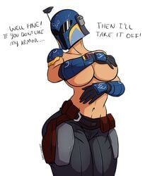 1girls armor belt big_breasts blue_headwear blue_helmet body_armor bodysuit breast_hold breast_squish breasts breasts_out cleavage connivingrat covered_breasts covered_nipples covering covering_breasts dialogue drawing english_text exposed_breasts female female_only flashing helmed helmet helmet_over_eyes helmet_with_visor highres holster huge_breasts human large_breasts mandalorian mandalorian_armor mandalorian_helmet meme nipples no_face no_shirt original_character pants partially_clothed simple_background skin solo solo_focus standing star_wars text the_mandalorian topless white_background yellow_text