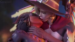 2girls 3d alternate_costume animated blender blonde_hair breasts cawneil closed_eyes dragon_symmetra female female/female female_only french_kiss hand_on_neck horns interracial interracial_yuri kissing looking_at_another loop mercy monster monster_girl no_sound open_mouth overwatch romantic_couple saliva_trail shorter_than_30_seconds signature symmetra tongue tongue_out video witch_hat witch_mercy yuri