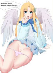 1girls aged_up angel_wings blonde_hair blue_eyes blush clothed clothed_female dress dress_lift english english_text female female_focus female_only filo humanoid long_hair neovixtadiz panties pants_down pink_panties sexually_suggestive simple_background solo solo_female speech_bubble tate_no_yuusha_no_nariagari text thick_thighs thighs tongue_out underwear wings