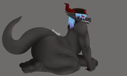 absurd_res anthro ass big_penis black_body blue_hair cracky45 dragon erection genitals hair headgear hi_res looking_at_viewer male male_only nude penis red_eyes scalie simple_background solo