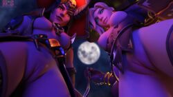 2girls 3d alternate_costume ashe_(overwatch) blender female_only femdom looking_at_viewer mercy neonsin overwatch pussy submissive_pov warlock_ashe witch_hat witch_mercy