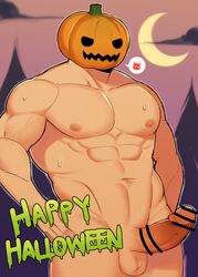 1boy abs absurdres bar_censor bara censored chest clayten completely_nude cowboy_shot crescent_moon erection halloween halloween_costume highres male_focus moon muscle navel nipples nude original penis pumpkin testicles thick_thighs thighs veins