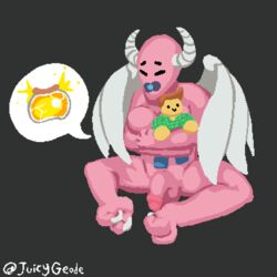 1:1 bladder_gauge breasts demon futanari gay genitals gynomorph humanoid infantilism intersex juicygeode nude omorashi pacifier penis pixel_art solo terraria the_guide_(terraria)