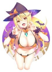 1girls :3 bikini black_bikini blonde_hair breasts daive female gem hair_ornament halloween halloween_costume hat headpiece highres jewelry large_breasts long_hair mythra nintendo orange_bikini swimsuit tagme tiara very_long_hair witch_hat xenoblade_(series) xenoblade_chronicles_2 yellow_eyes