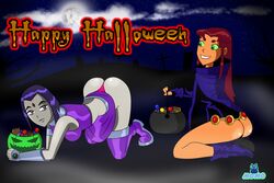 2girls alien alien_girl ass bodysuit boots breasts candy cartoon_network dc english english_text female forehead_jewel fully_clothed green_eyes grey_skin halloween happy_halloween koriand'r momokarin01 multiple_girls orange_skin outfit_swap purple_eyes purple_hair rachel_roth raven_(cosplay) raven_(dc) red_hair smooth_skin starfire starfire_(cosplay) teen_titans teen_titans_go