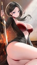 1girls 2023 absurd_res ass bare_legs big_ass bikini bikini_under_clothes black_hair black_shirt blue_eyes blush breasts choker cleavage clothing female female_only fire flaming_sword flaming_weapon heart heart_choker highres holding_sword holding_weapon indoors large_breasts lillly long_hair looking_at_viewer low_ponytail navel open_clothes open_shirt original partially_unbuttoned ponytail red_bikini shirt solo sunlight swimsuit sword teeth thighs tied_hair weapon