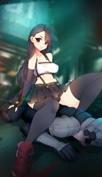 1boy 1girls armwear black_hair black_legwear clothing detailed_background final_fantasy final_fantasy_vii fingerless_gloves garter highres legwear long_hair looking_away meribel red_eyes shinra_guard shoes sitting_on_person skirt thick_thighs tifa_lockhart topwear