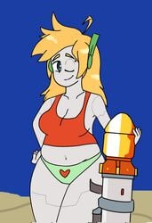 blonde_hair breasts canon_panties cave_story chubby clothing curly's_panties curly_brace female hand_on_hip midriff panties robot robot_girl tank_top weapon