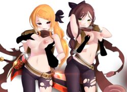 2girls areolae belt breast_grab breast_lift breast_squeeze breasts brown_hair felt_(re:zero)_(cosplay) female gear_art gloves green_eyes groping heavy_breathing high_resolution large_breasts looking_pleasured multiple_girls navel nipple_tweak nipples orange_hair pantyhose ponytail priscilla_barielle re:zero_kara_hajimeru_isekai_seikatsu red_eyes scarf shaula_(re:zero) sword symbol-shaped_pupils tied_hair torn_clothes torn_pantyhose weapon