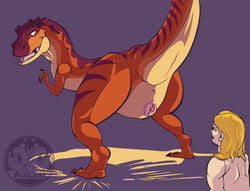 airless ambiguous_gender anus ass blonde_hair blue_sky_studios dinosaur duo female feral genitals hair human ice_age_(series) ice_age_dawn_of_the_dinosaurs looking_at_another looking_back mammal momma_(ice_age) presenting presenting_anus presenting_hindquarters presenting_pussy pussy raised_tail reptile scalie theropod tyrannosaurid tyrannosaurus tyrannosaurus_rex