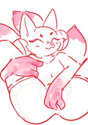 1girls :3 animal_ears closed_eyes closed_mouth female female_masturbation female_only flat_chest flat_chested fox fox_ears furry furry_only hand_under_leg legs_apart legs_spread legs_up masturbation multiple_tails no_humans pussy red_hands red_outline simple_background sketch snout solo solo_female solo_focus thighhighs white_background white_body wl2 wolflove2