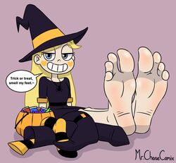 1girls 4_toes barefoot blonde blonde_female blonde_hair blonde_hair_female blue_eyes candy cheek_markings cheeks disney feet foot_fetish foot_focus halloween halloween_costume hat mr._chase_comix presenting_feet smile soles speech_bubble star_butterfly star_vs_the_forces_of_evil suckable_toes tease toes unworn_shoes unworn_socks witch witch_hat word_balloon